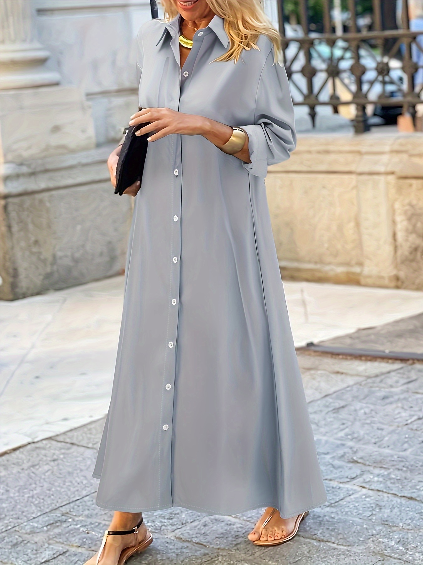 plus size button front solid dress casual collar long sleeve dress womens plus size clothing details 13